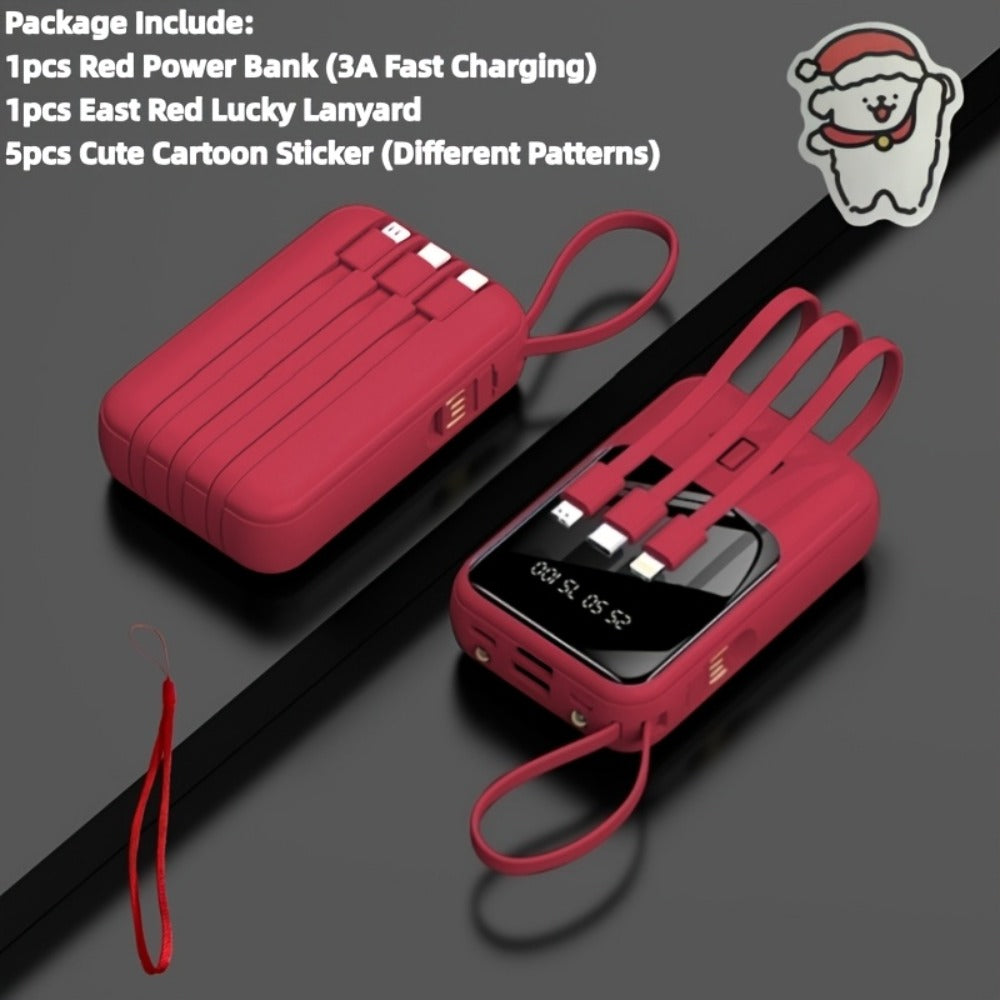 10000mAh Mini Power Bank with Built-in 4 Cables – 22.5W Super Fast Charging, LED Display, Cute Portable Charger for iPhone, Android, Samsung & Travel, Ultra-Compact Battery Pack with LED Light