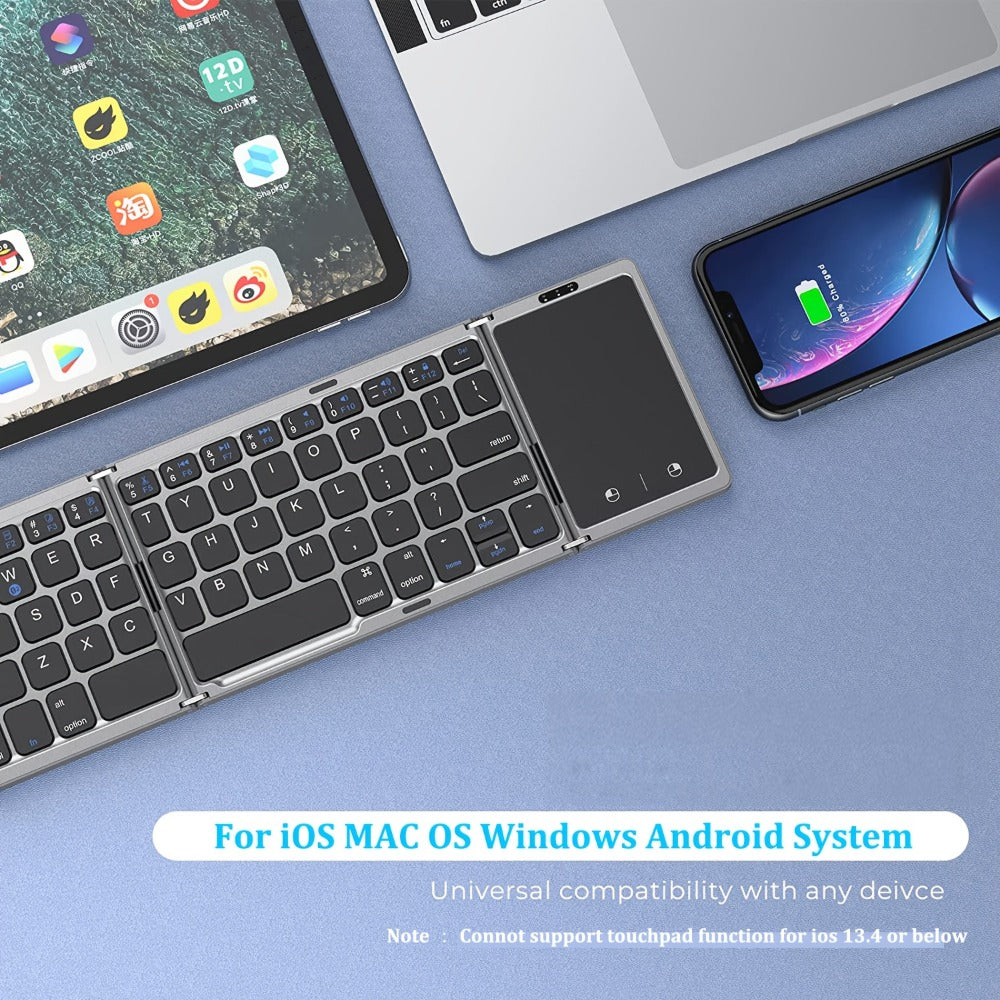 Tri-Fold Bluetooth Keyboard with Touchpad Rechargeable Portable Foldable Wireless Keyboard for iPhone iPad Tablet Laptop PC Smartphone Windows iOS Android – Seenda Aluminum Travel Keyboard BT 5.1