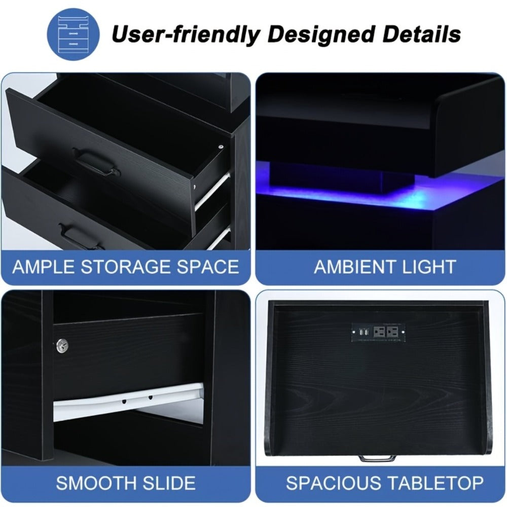 Wooden Nightstand with LED Ambient Light & Charging Station – Fabric Drawer, Blue Glow, Modern Bedside Table for Bedroom Living Room End Table, Black or White (Single or 2-Pack)