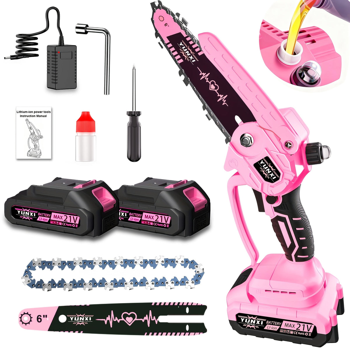 Mini Chainsaw 6 Inch 21V Cordless Battery Powered | Handheld Electric Chain Saw for Tree Branch Trimming Wood Cutting | Lightweight Portable Pruning Saw Pink