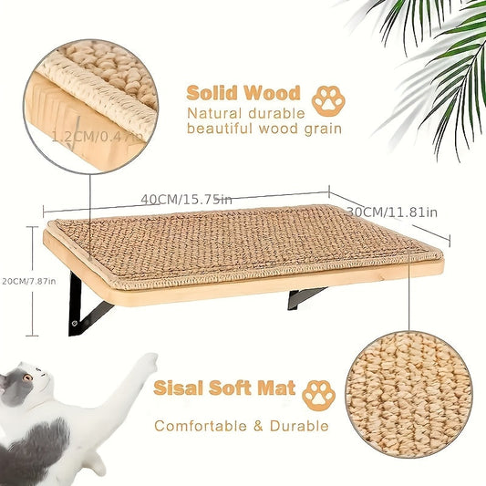 Wall-Mounted Sisal Cat Climbing Frame with Hammock and Wooden Observation Perch