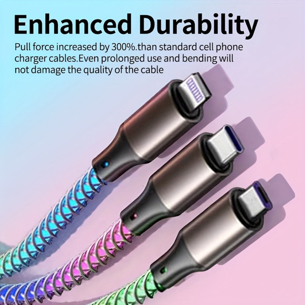 3-in-1 Braided Charging Cable with LED RGB Light, Universal Multi Charger Cord with Lightning, USB-C and Micro USB, Compatible with iPhone, Samsung, Android, iPad and Most Phones