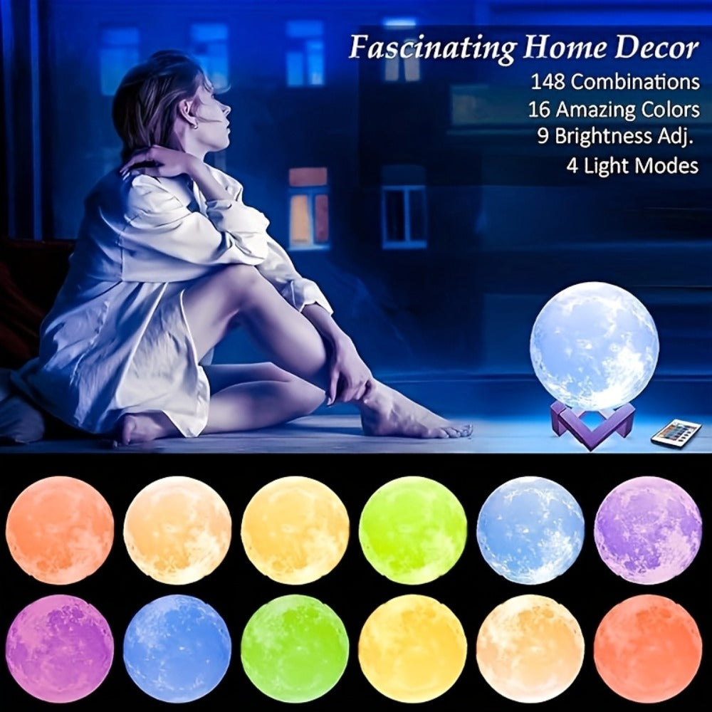 3D Moon Lamp Night Light 16 Colors 148 Modes Remote Control - USB Rechargeable Lunar Moon Light with Wooden Stand for Bedroom Decor Birthday Christmas Valentine Anniversary Gift for Her Him Kids 5.9"