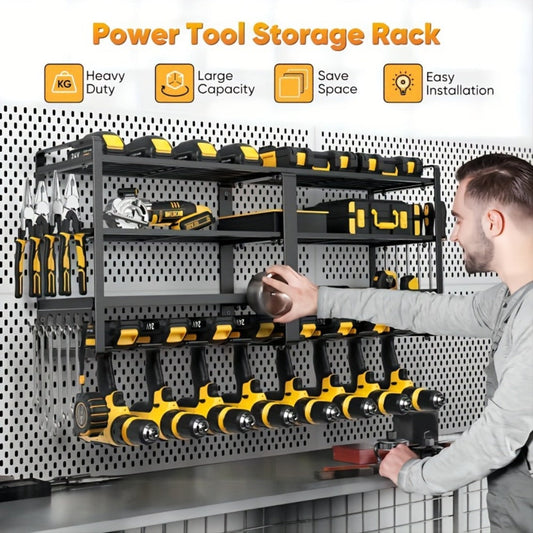 Wall-Mounted Power Tool Organizer, Metal Drill Rack with 2–4 Tiers