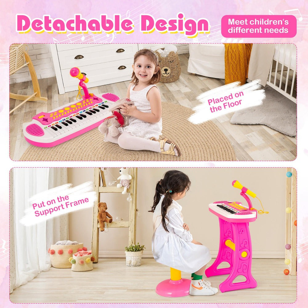 Kids Piano Keyboard Toy 31 Keys with Stool & Adjustable Microphone, Recording & Playback, Light Effects, Portable Electronic Music Instrument, Educational Gift for Boys & Girls Ages 3+, Pink