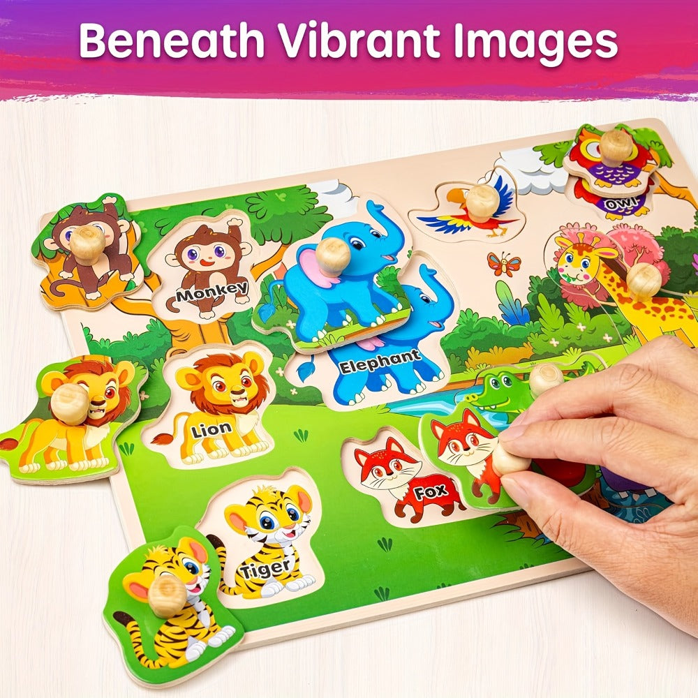 Wooden Toddler Puzzle Set with Storage Rack, Two Theme Options
