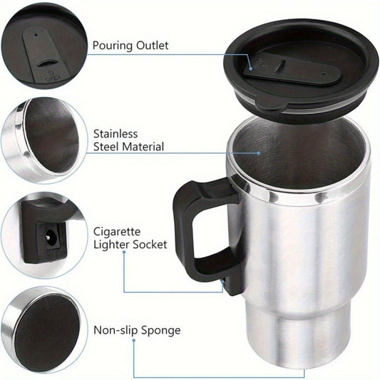 Car Heated Travel Cup, 12V 450mL Stainless Steel Beverage Warmer