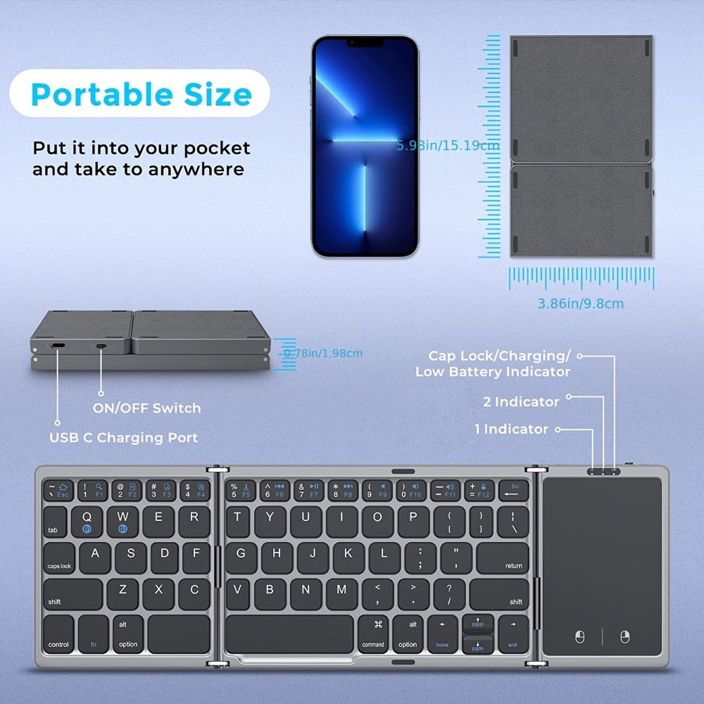 Tri-Fold Bluetooth Keyboard with Touchpad Rechargeable Portable Foldable Wireless Keyboard for iPhone iPad Tablet Laptop PC Smartphone Windows iOS Android – Seenda Aluminum Travel Keyboard BT 5.1
