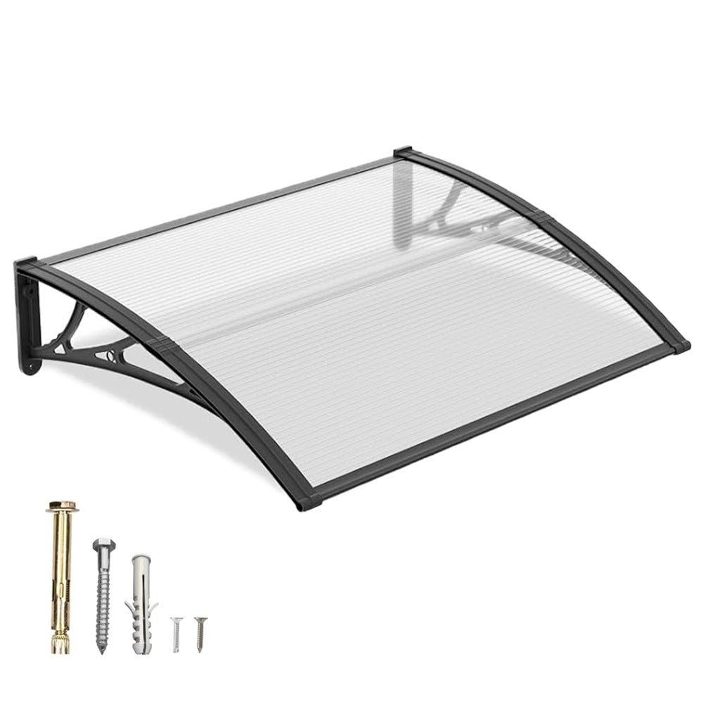 Polycarbonate Window Awning Door Canopy - UV Rain Snow Sun Protection Overhang for Doorways, Patio & Windows, Multiple Sizes, Black/Gray Bracket with Blue/Clear/Brown Board