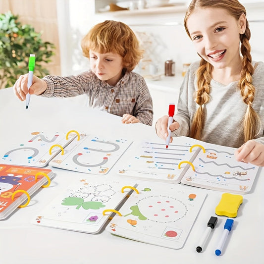 Wipe Clean Tracing Workbook for Kids — 64-Page Reusable Magic Exercise Book with 8 Color Pens & Eraser, Pen Control Writing Practice for Preschool Kindergarten Ages 3+, Back to School Gift