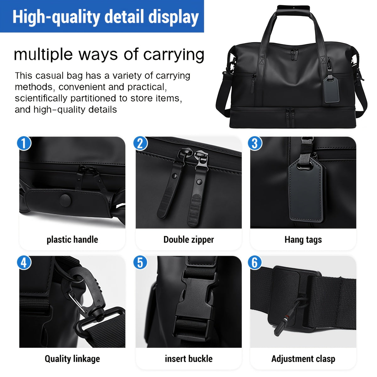 Gym Duffel Bag with Wet Pocket & Shoe Compartment - Foldable PU Leather Sports Travel Bag for Workouts, Weekend Trips & Everyday Use, Lightweight Carry-On Luggage Bag for Men Women (Black/Blue/Grey)