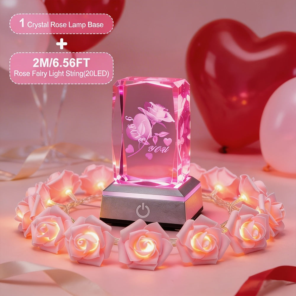 Rose Crystal LED Night Light – Colorful Floral LED Sign Lamp, Romantic Desk Light for Bedroom Vanity, Unique Gift for Girlfriend Wife Mom on Women's Day Anniversary Birthday (4 Styles)