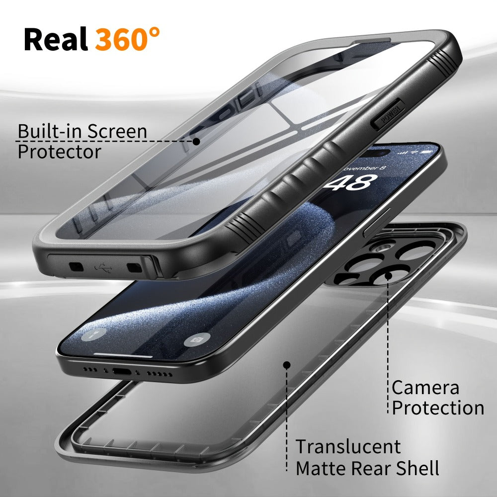 Waterproof iPhone Case with Built-In Screen Protector Transparent Matte Full Body PC+TPU Shockproof Dustproof Underwater Cover for iPhone 15 14 13 12 11 Pro Max Plus Mini SE – Black Blue Pink