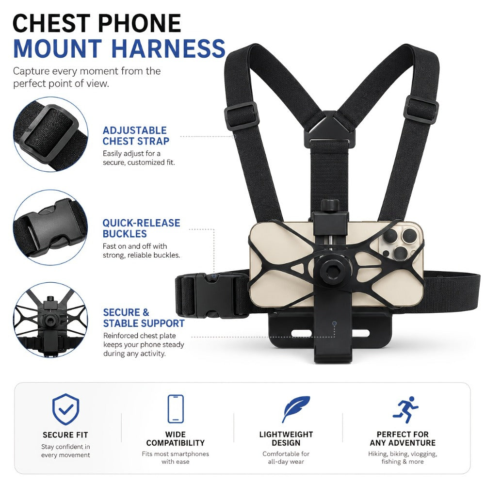 Chest Mount Harness for GoPro Hero 13 12 11 10 9 8 – Adjustable POV Chest Strap for Insta360 X4 X3 DJI Osmo Action 4 3 iPhone Samsung Phone – Hands-Free Camera Holder for Bike Kayak Fishing Hiking Vlog