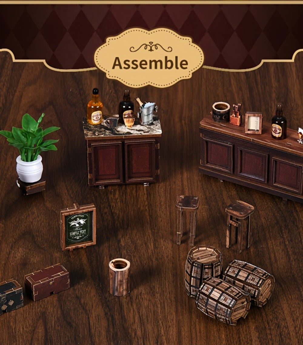 Miniature Book Nook Kit – Corner Lounge DIY 3D Wooden Bookshelf Insert