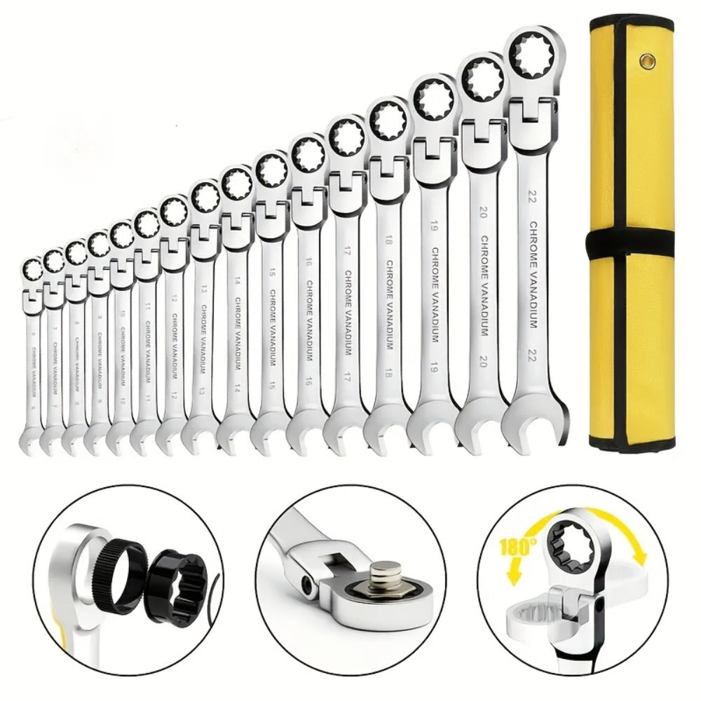 Ratcheting Wrench Set 16pcs Flex Head 180°, Metric 6-22mm CR-V Steel Combination Wrench Kit with 72-Tooth Ratchet & Organizer Bag, Professional Flex Head Ratchet Wrench for Auto & Home Repair
