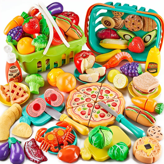 Pretend Play Food Set – 85-Piece Cutting Toy Food with Pizza, Vegetables, Fruits & 2 Baskets