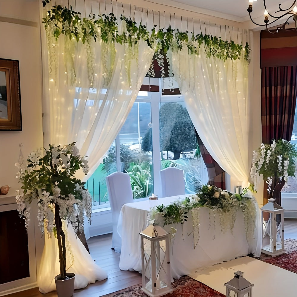 White Velvet Backdrop Curtains with String Lights 2pcs 5.2x10FT Sheer Background Decoration for Wedding Birthday Party Photo Booth Photography Stage Decor USB Powered Fairy Lights Included