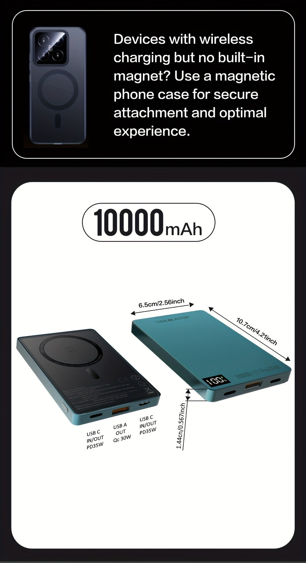 35W USB-C PD Magnetic Power Bank 10000mAh MagSafe Compatible, 30W QC 3.0 Wireless Fast Charging Portable Charger with PPS Support for iPhone 17 16 15 14 13 12 Android Samsung Galaxy