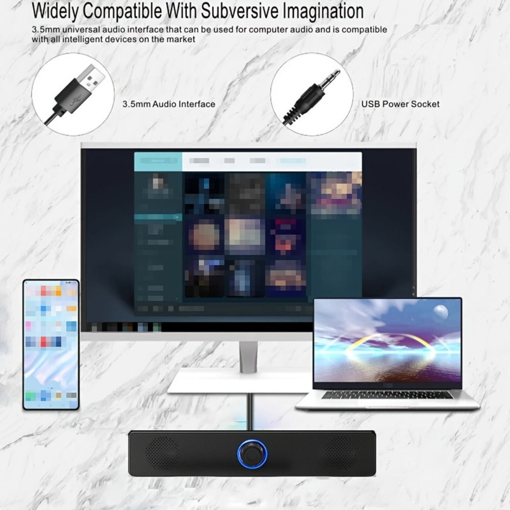 USB Wired Desktop Speaker Bar with 4D Audio Effect & Blue LED - Anti-Magnetic Stereo Sound, 3.5mm AUX Input, Independent Volume Control, for PC Laptop Computer Home Office
