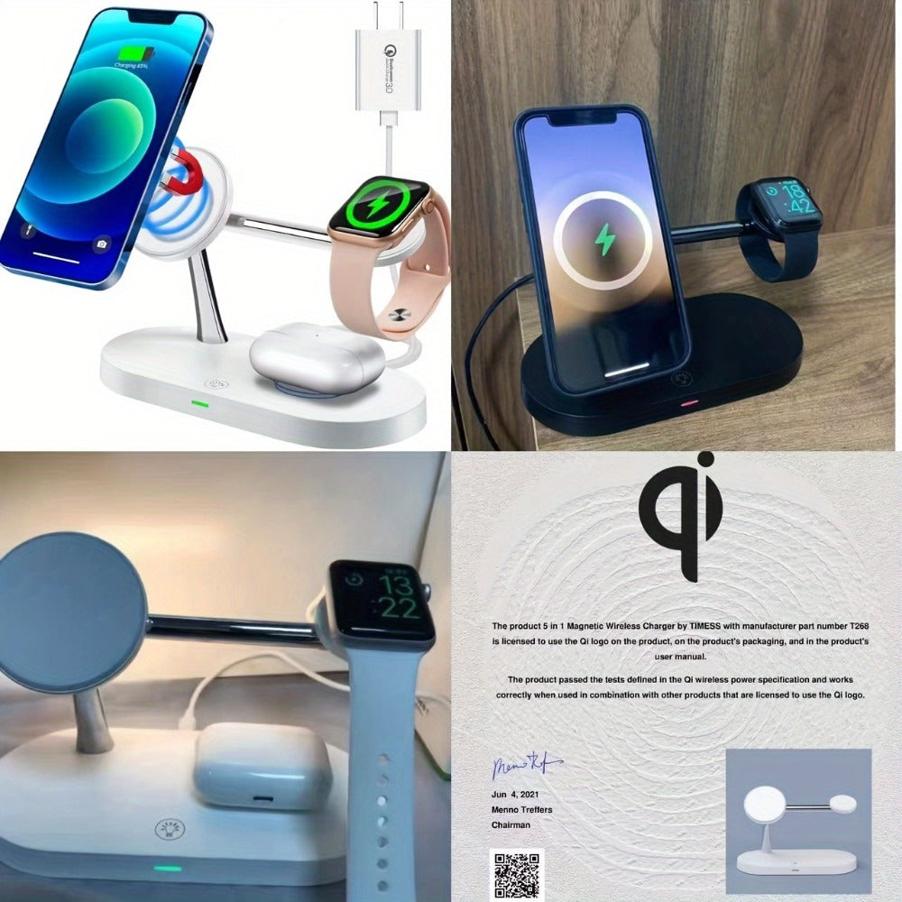 Wireless Charging Station 3-in-1 QC3.0 Adapter Included Magnetic Fast Charger Stand for iPhone 15 14 13 12 11 Pro Max Mini XR XS X SE 8, Apple Watch Series 1-9 Ultra, AirPods 4 3 2 Pro – White Black