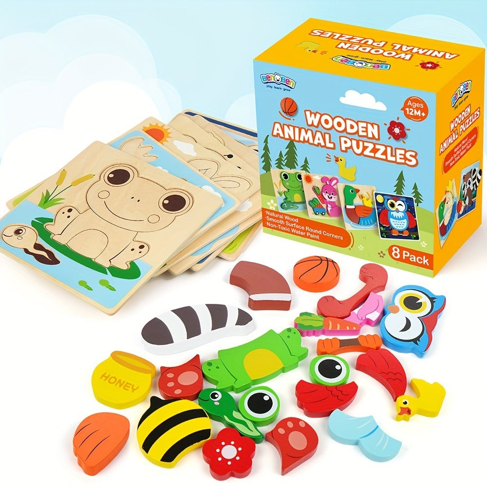 Wooden Animal Puzzles for Toddlers 12 Months+, 8-Pack with Bear, Bunny, Owl, Duck & More