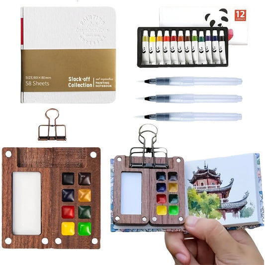 Portable Watercolor Paint Set with 24 Colors, Mixing Palette and Brushes