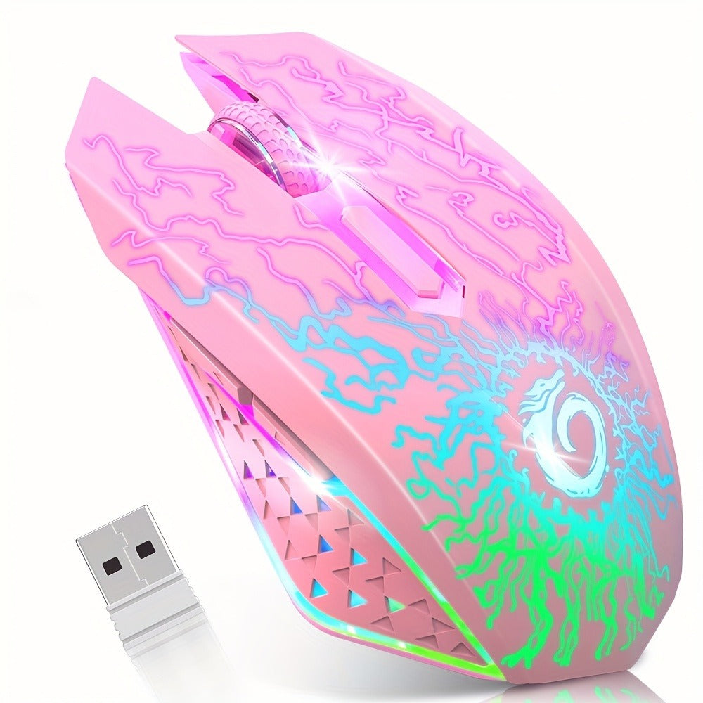 RGB Wireless Gaming Mouse Rechargeable Silent Click Colorful LED Lights 2.4G USB Nano Receiver USB-C Charging PC Mac Laptop Desktop Chromebook Black White Pink
