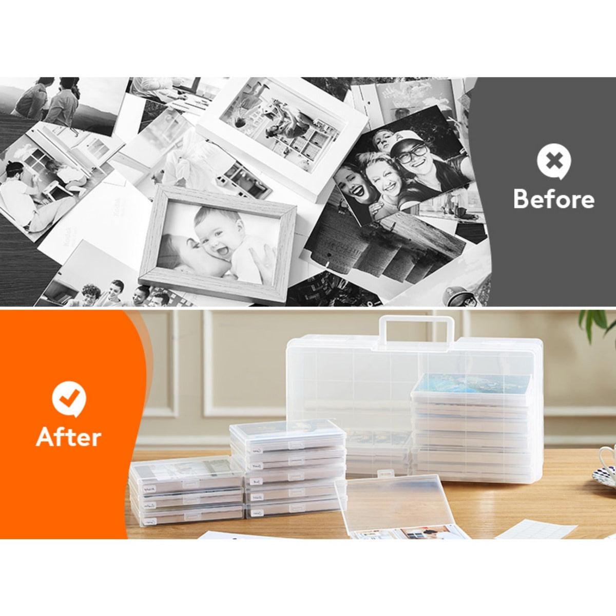 4x6 Photo Storage Box with 14 Inner Photo Keeper Cases Holds 1400 Photos Clear Plastic Photo Organizer with Lids Label Stickers BPA-Free for Cards Pictures Stamps Craft Office Supplies