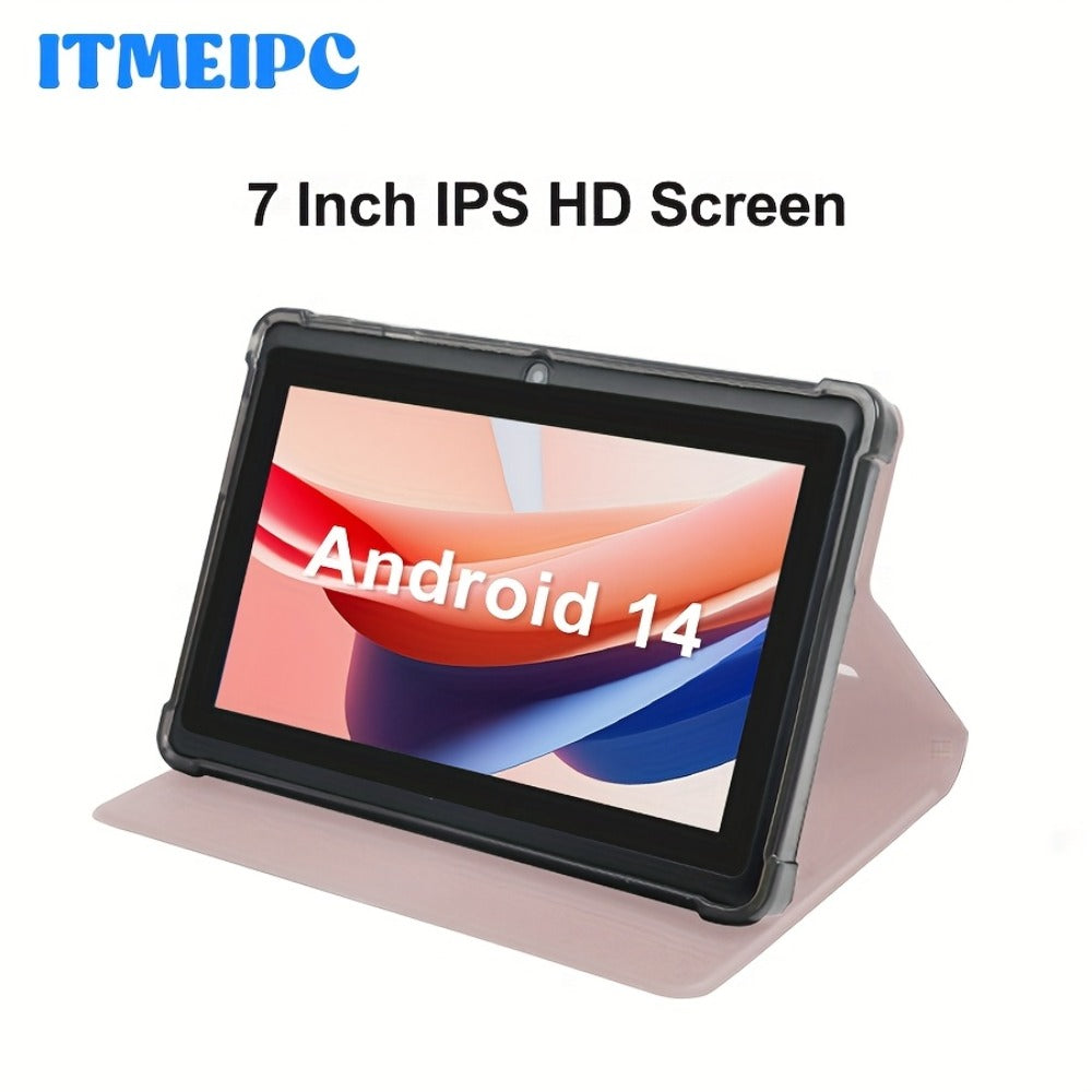 ITMEIPC 7 Inch Android 14 Tablet 4GB RAM 32GB ROM with Protective Case, Overclocked Quad-Core Processor, HD IPS Display, Dual Camera, Memory Card Support, Lightweight Portable Tablet for Work Study Reading Entertainment
