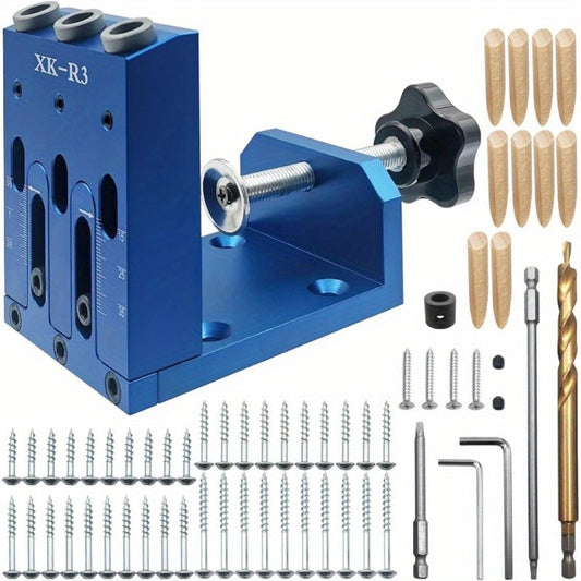 Pocket Hole Jig Kit, Adjustable 3-Guide 15° System with Drill Bit, Screws & Plugs
