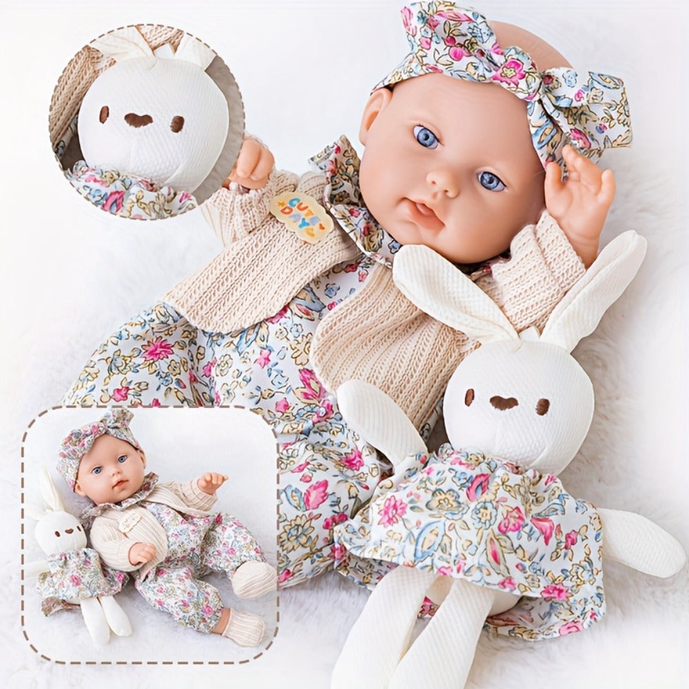 12-Inch Baby Doll with Floral Dress, Rabbit Plush Toy & Dress-Up Accessories