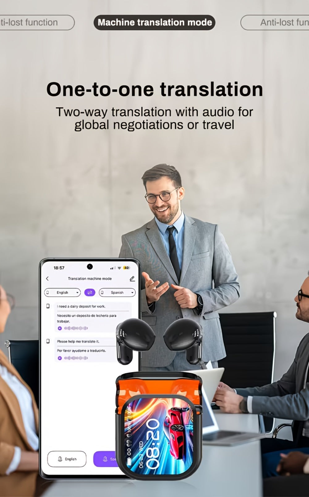 131 Language Real-Time Translation Wireless Headphones HTC NE20 TWS HiFi Sound Low Latency Gaming AI Noise Reduction LED Touch Screen Built-In Mic for Business Travel Office Study Gaming Birthday Gift
