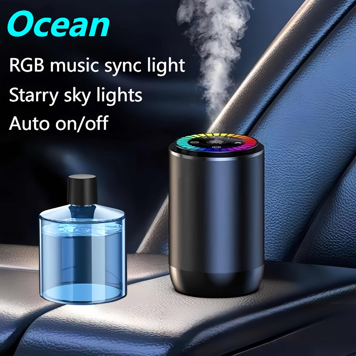 Car Air Freshener Aromatherapy Diffuser with Starry Sky Light Show, USB Rechargeable, Adjustable Fragrance – Natural Essential Oil Scents (Lavender, Ocean, Cologne, Gardenia)
