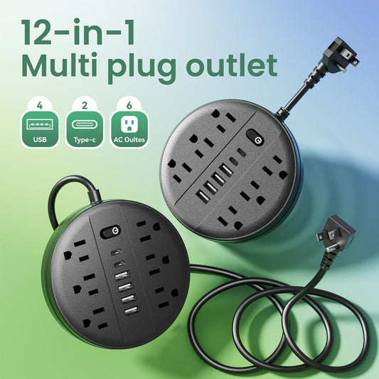 Wall Mount Power Strip Surge Protector 12-in-1 with 6 AC Outlets 4 USB-A 2 USB-C Ports Portable Compact Multi-Outlet Charging Station Wall-Mountable Extension for Home Office School – Black & White
