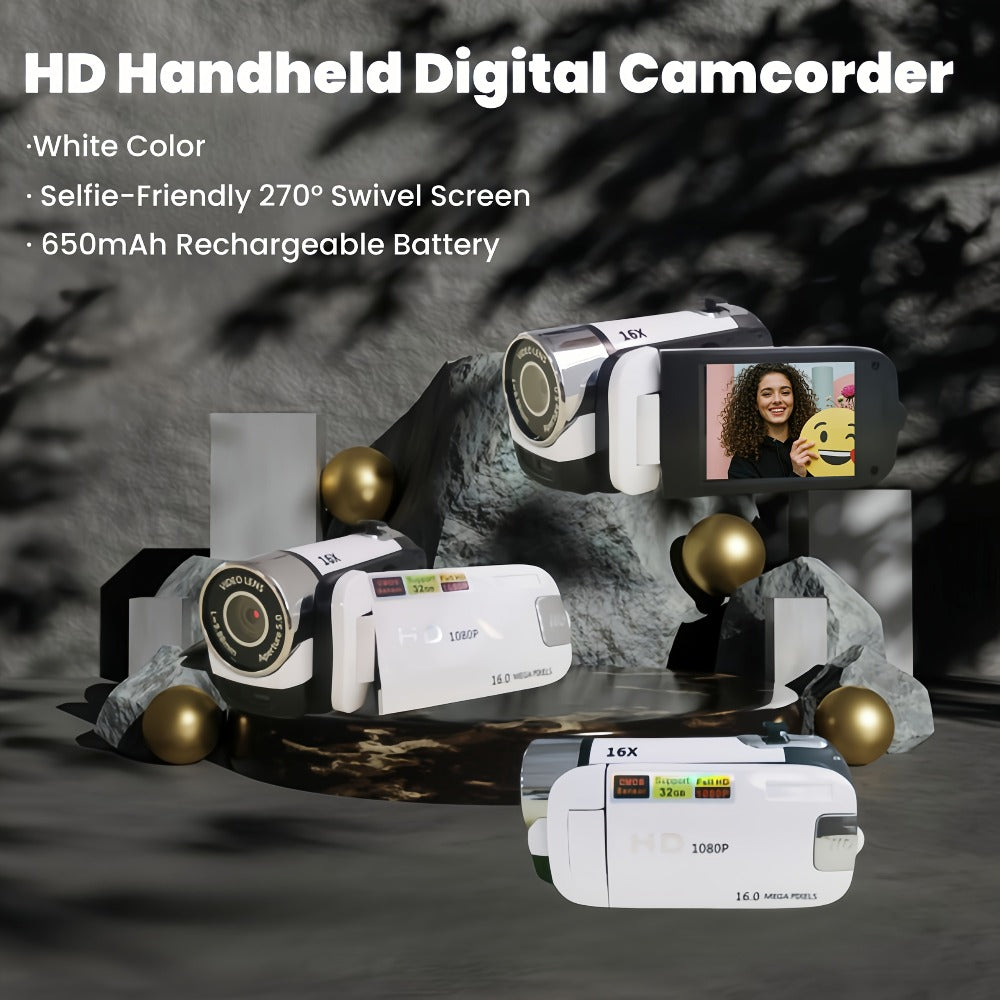 Portable 1080P Digital Camcorder with Rotating Screen & 32G Memory Card | Rechargeable Battery, Selfie Support, Compact Travel Video Camera for Vlogging, Family Gatherings & Everyday Recording