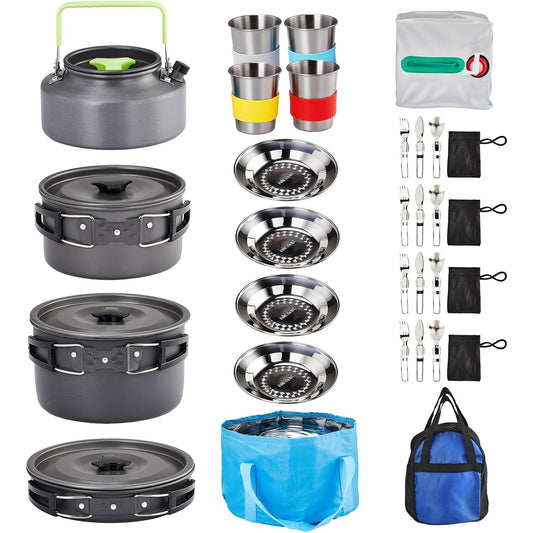 Camping Cookware Mess Kit with Nonstick Pot, Pan and Kettle, 19 or 27 Pieces