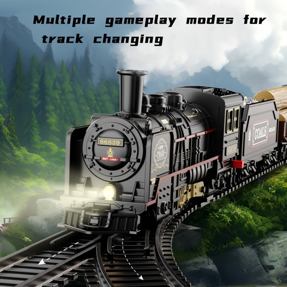 Battery Operated Steam Engine Train Toy Set with Tracks – Electric Locomotive Model for Kids Boys Girls Ages 3+, Classic Black Train, Birthday Christmas Halloween Gift