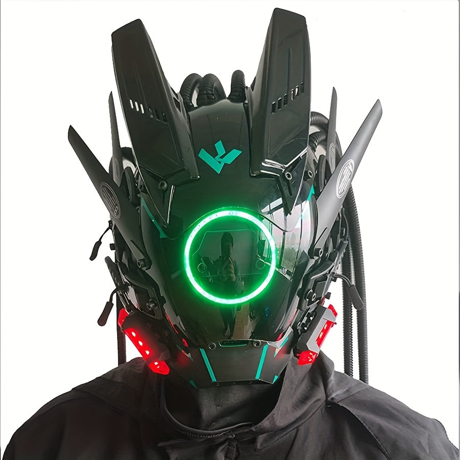 LED Cyberpunk Samurai Mask with Braids – Futuristic Sci-Fi Mechanical Face Mask for Halloween, Cosplay, Music Festival & Rave Party, Blue Green Pink, Free Helmet Included, Adult Gift