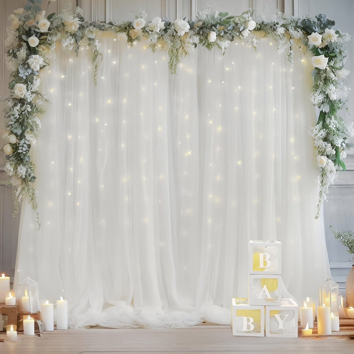 White Velvet Backdrop Curtains with String Lights 2pcs 5.2x10FT Sheer Background Decoration for Wedding Birthday Party Photo Booth Photography Stage Decor USB Powered Fairy Lights Included