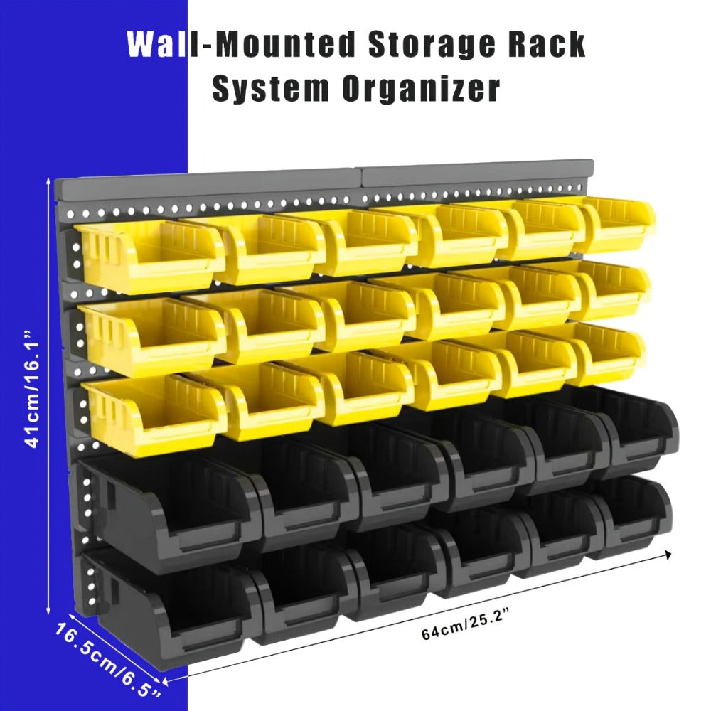 Wall Mounted Storage Bin Rack System – Heavy Duty Small Parts Organizer for Screws, Nuts, Bolts & Nails | Stackable Garage Workshop Tool Storage Rack | 30/60/90 Bins Hardware Organizer