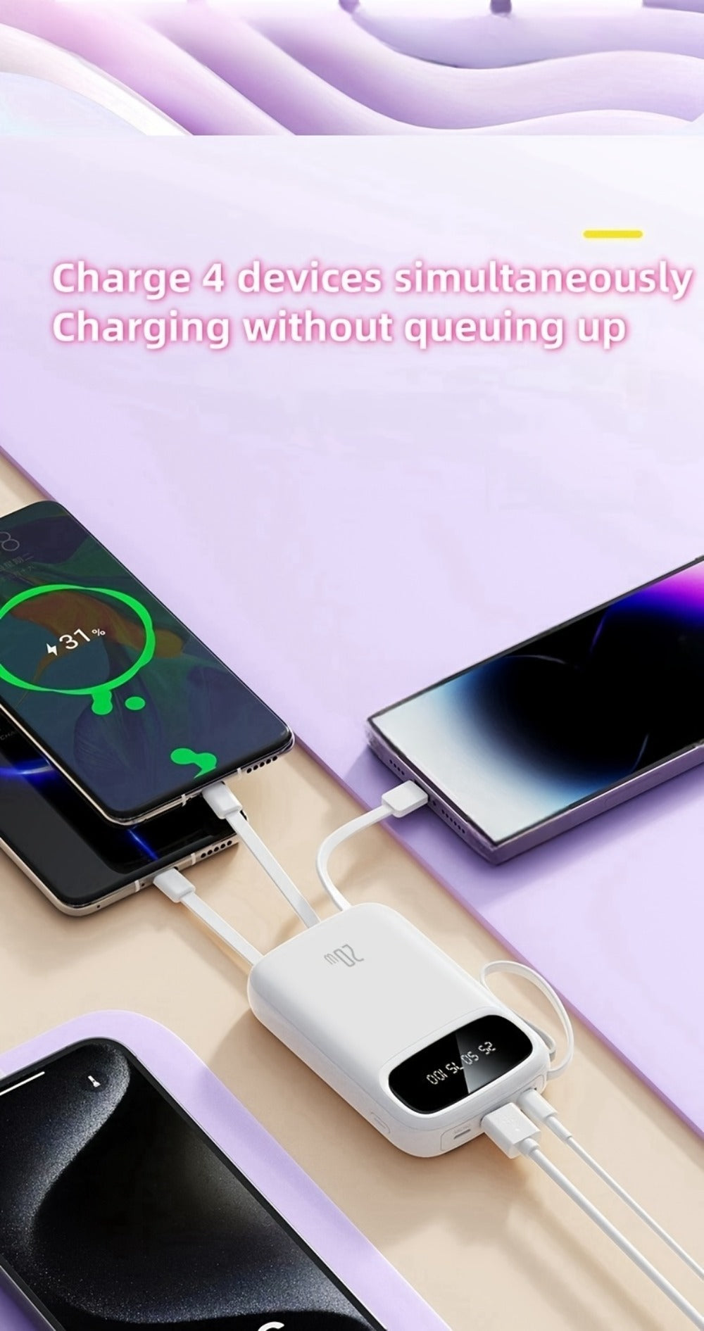 Portable Charger 10000mAh with Built-In 3 Cables Lightning USB-C Micro-USB 22.5W Super Fast Charging Cute Cartoon Mini Power Bank for iPhone Android Travel Backup Battery – Purple Black Red White