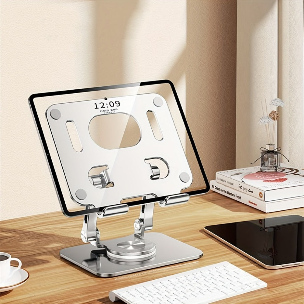360° Rotating Foldable Tablet Stand for iPad & Phone, Adjustable Desktop Holder, Universal Compatibility – Black/Silver