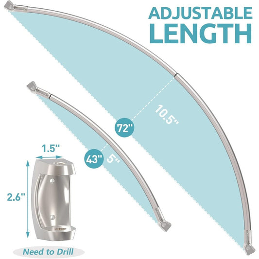 Curved Shower Curtain Rod, 43–72 Inch Adjustable Aluminum No-Drill Tension Mount
