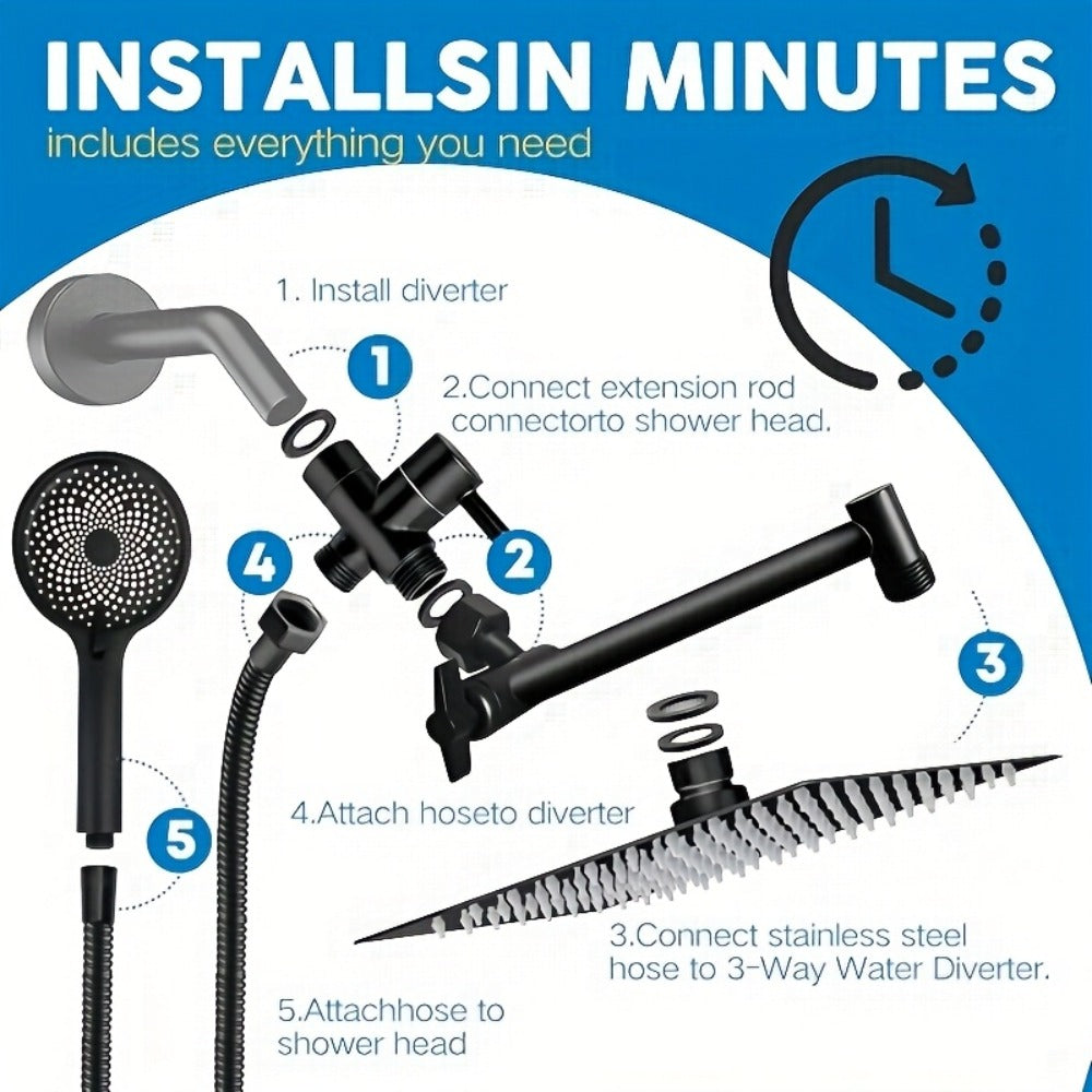 Rain Shower System with Handheld Shower Head – High Pressure Rainfall Showerhead Combo Copper Diverter Anti-Clog 8 10 12 Inch