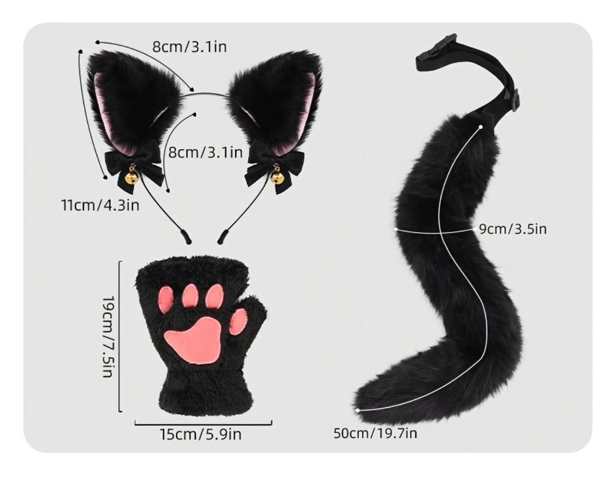 Cat Costume Set 3 Piece – Bell Ear Headband, Plush Paw Gloves & Adjustable Tail for Halloween, Cosplay, Role Play & Stage Performances, Cute Gift for Women Girls, Grey White Brown Pink