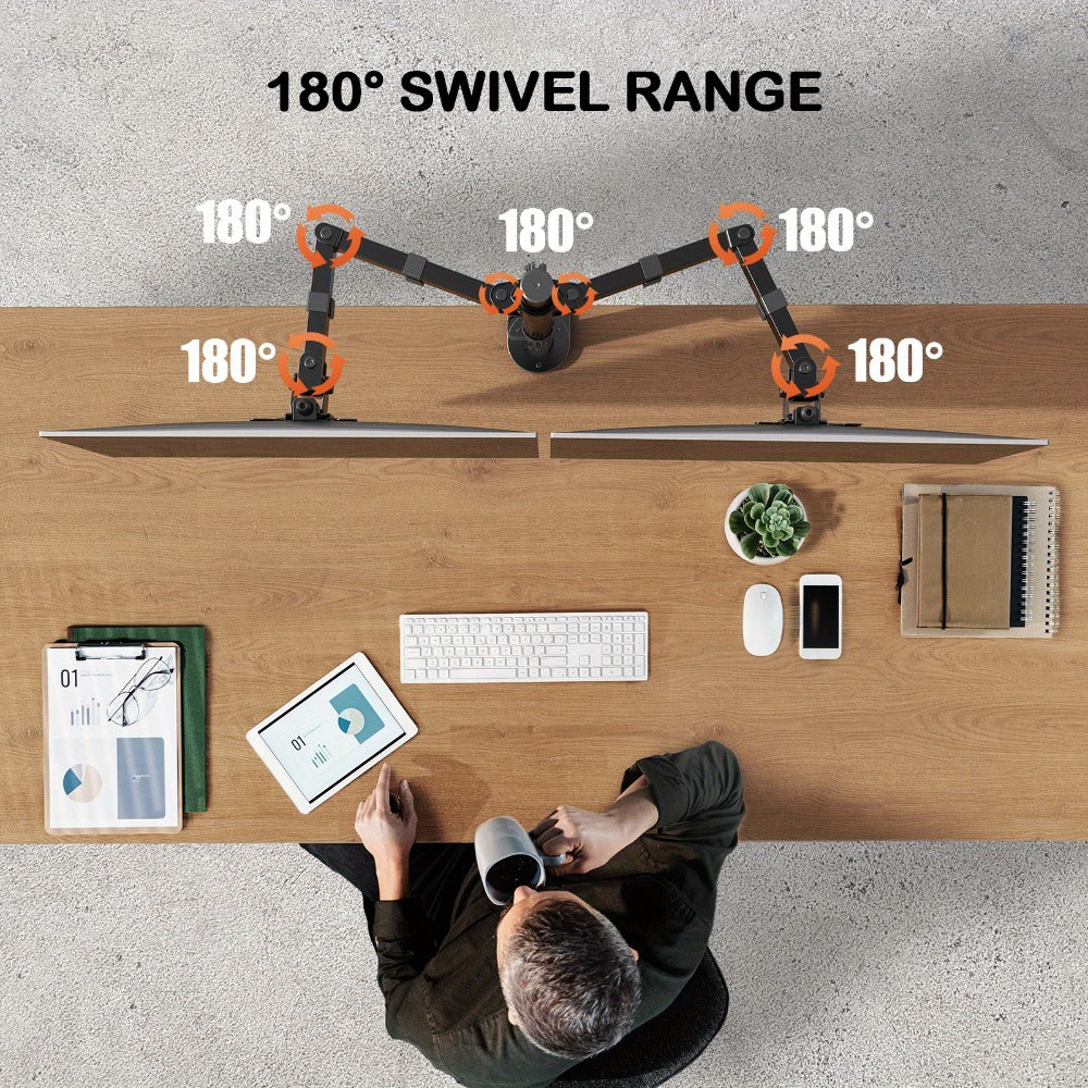 Adjustable Dual Monitor Arm for 13-32 Inch Screens, VESA 75x75/100x100mm, 45° Tilt 90° Swivel 360° Rotation, 17.6 lbs per Arm, C-Clamp & Grommet Mount, Cable Management, Space-Saving Home Office Desk Stand