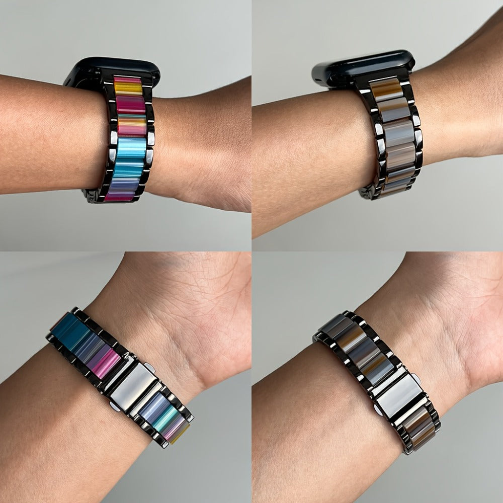 Stainless Steel Resin Apple Watch Band for Women – Gradient Brown & Rainbow Color Fashion Strap Compatible with Apple Watch Series 1–11 SE Ultra Ultra 2 38 40 41 42 44 45 46 49mm