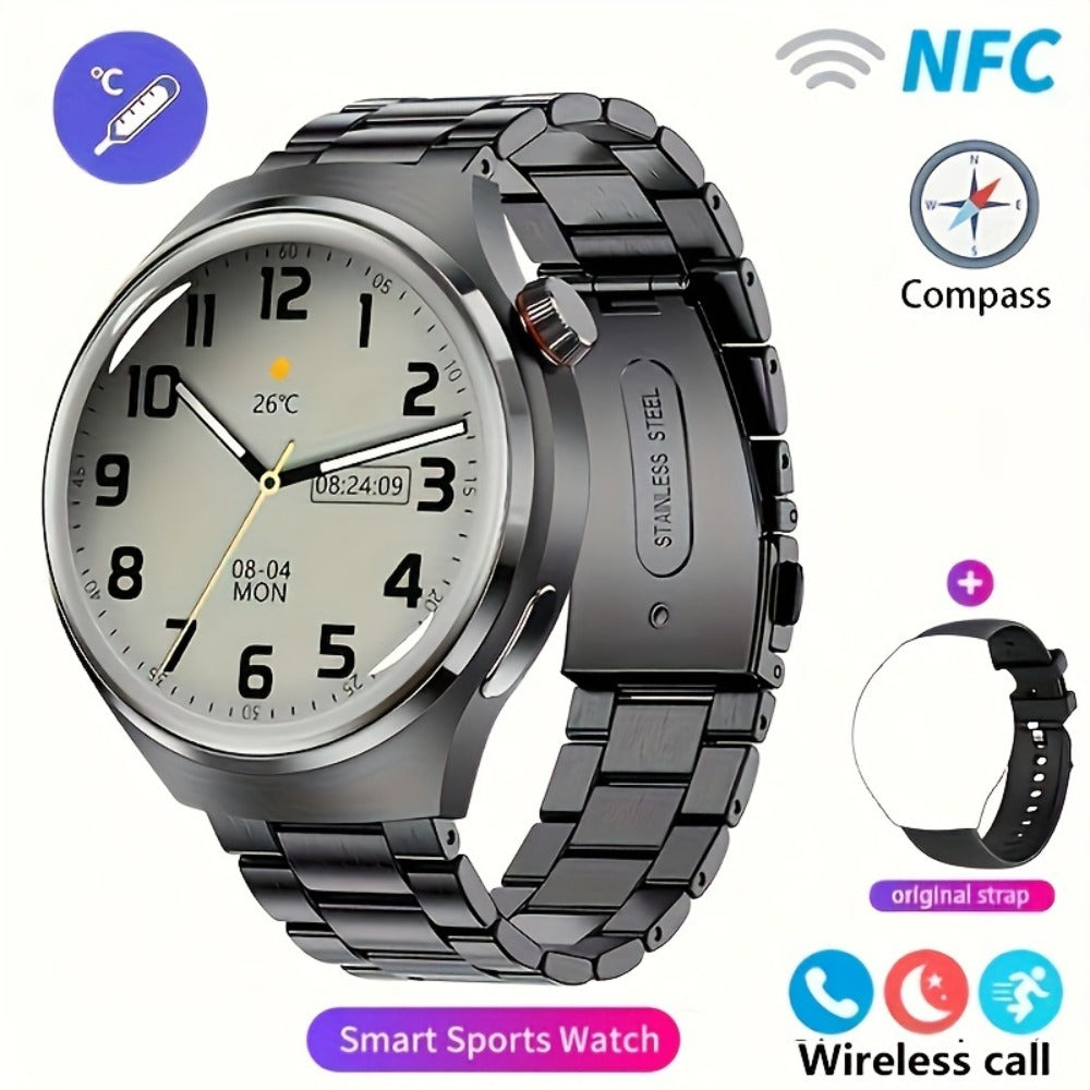GPS Smartwatch Men with NFC & Multiple Strap Styles – 360×360 HD Screen Wireless Calling GPS Motion Trajectory Sports Fitness Tracker Heart Rate Sleep Monitor Outdoor Watch Black Steel Mesh Faux Leather