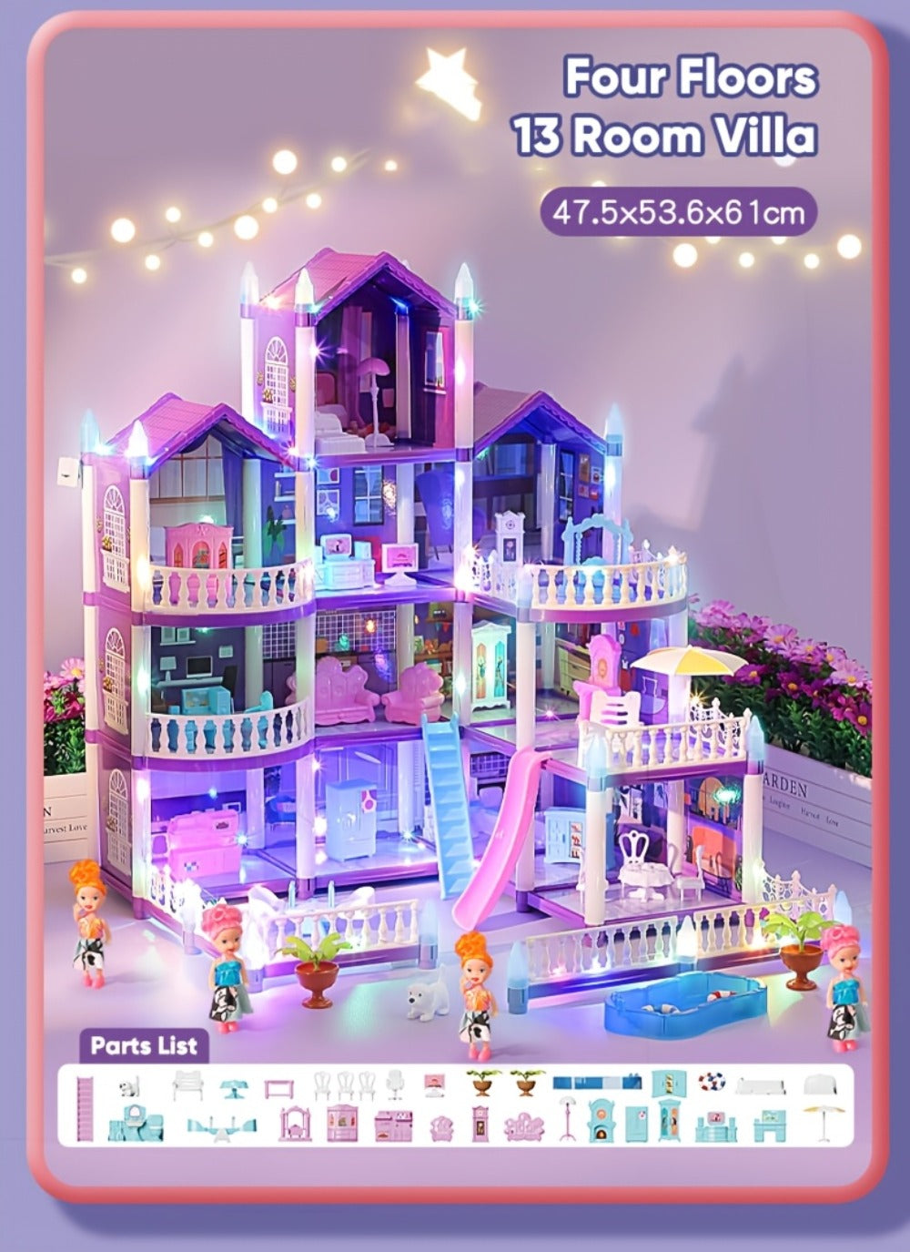 Purple LED Dollhouse Playset with 6 to 16 Room Options and Furniture